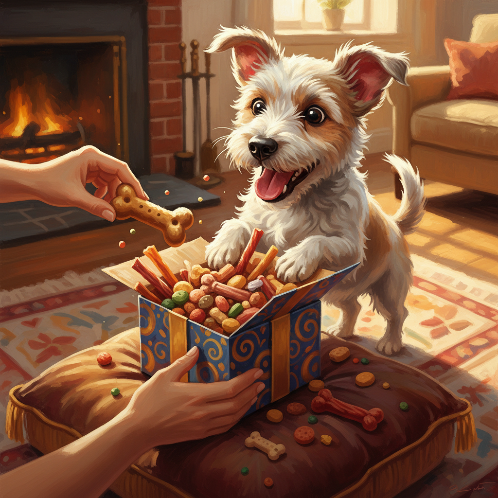 תייצר לי תמונה של כלב קטן שמח שמקבל חטיפים מתנה בסגנון  ציורי גודל 1:1