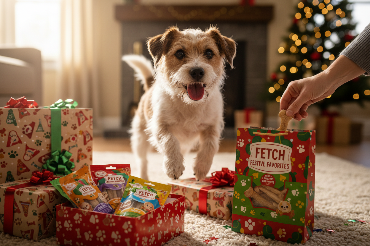 כלב שמח קטן שמקבל חטיפים מתנה בגודל 16:9