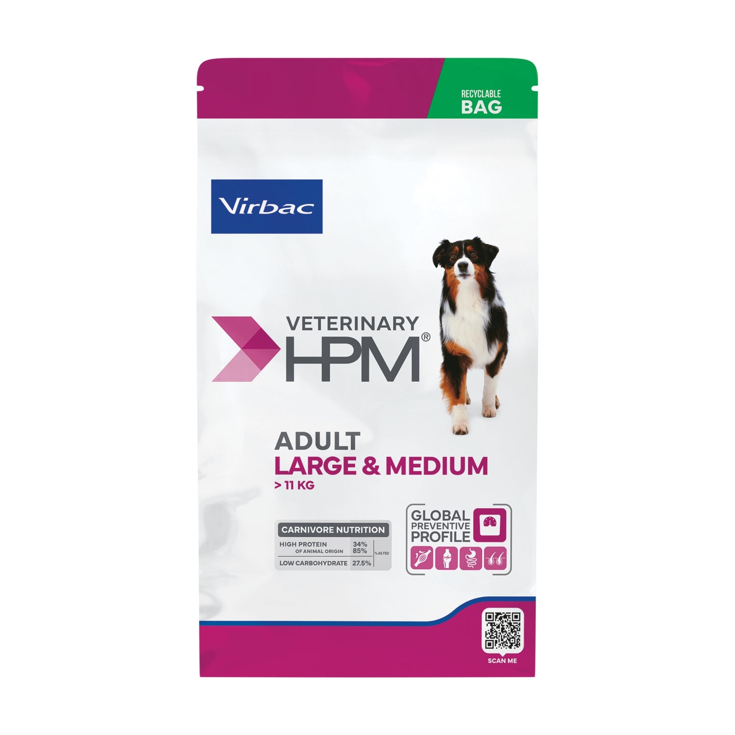 Virbac Veterinary HPM Adult Large &amp Medium – מזון לכלבים בוגרים מגזע בינוני וגדול 12 ק״ג