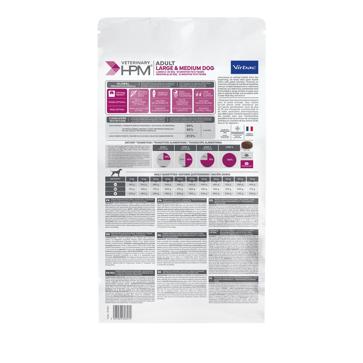 Virbac Veterinary HPM Adult Large &amp Medium – מזון לכלבים בוגרים מגזע בינוני וגדול 12 ק״ג