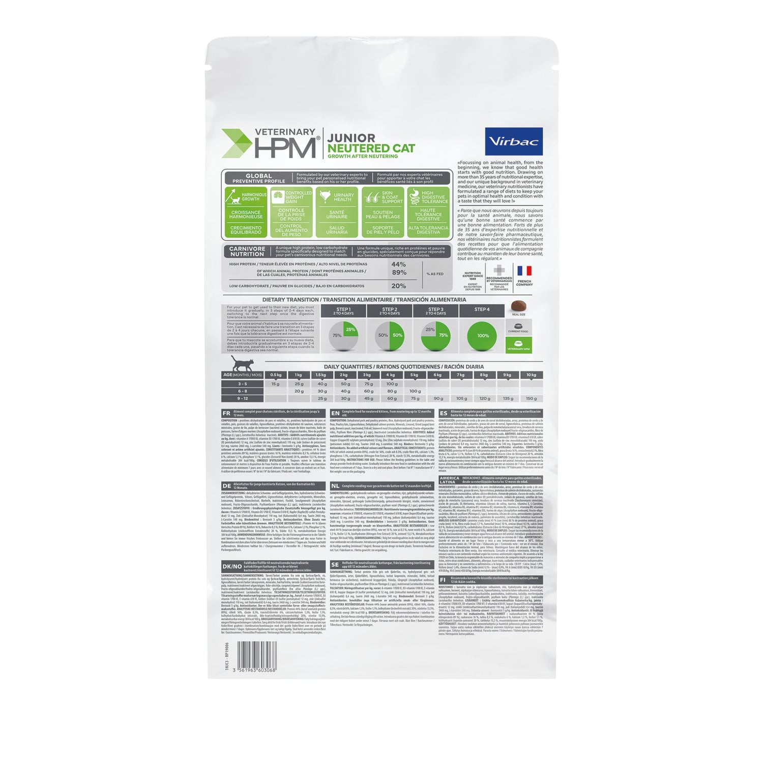 וירבק ג'וניור לחתולים מסורסים (עד גיל 12 חודשים) 3 ק״ג Virbac Veterinary HPM Junior Neutered