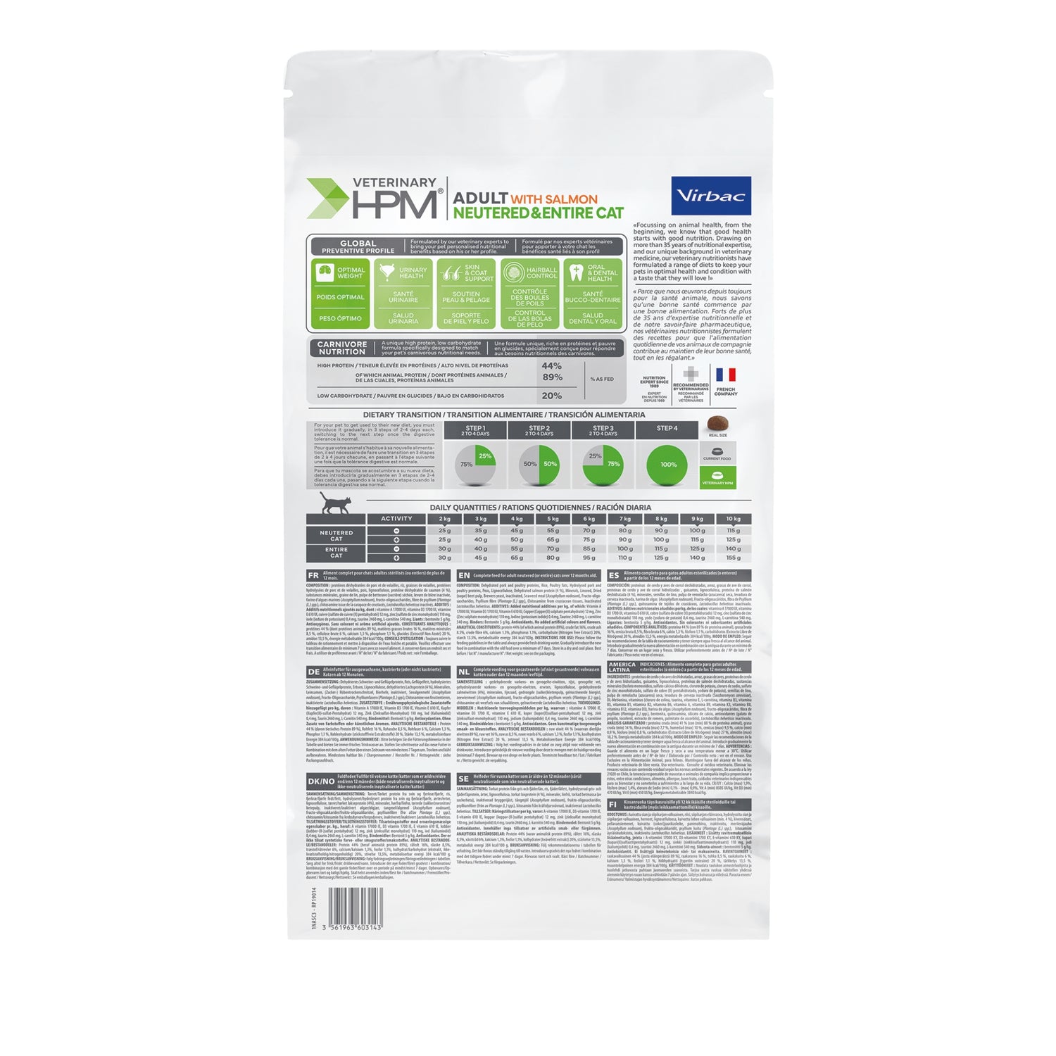 וירבק סלמון לחתולים בוגרים (מסורסים ושלמים) 7 ק״ג Virbac Veterinary HPM Adult Neutered &amp; Entire with Salmon