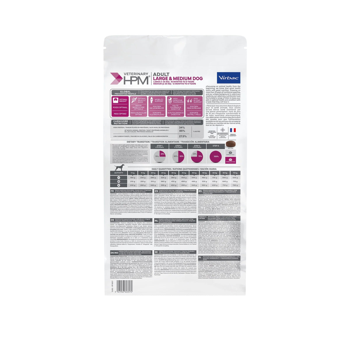 Virbac Veterinary HPM Adult Large &amp Medium – מזון לכלבים בוגרים מגזע בינוני וגדול 16 ק״ג
